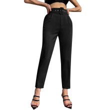 Damen-Hose mit hohem Bund und geradem Bein aus Baumwoll-Leinen-Mischgewebe