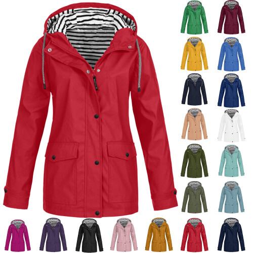 Women's solid hooded raincoat windproof jacket with