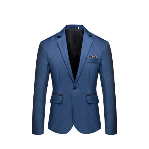 Men's Dark Blue Solid Casual Suit Single Breasted