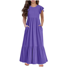 Mikilon girls' maxi dress short sleeve casual long dress