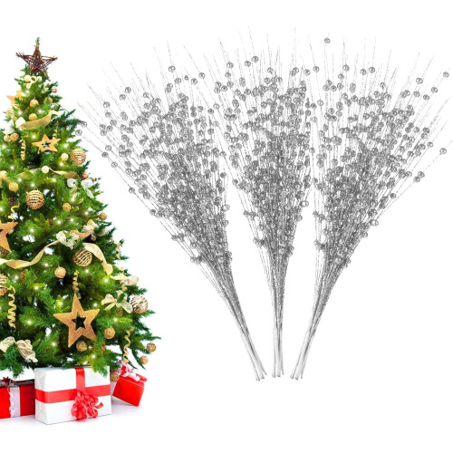 Silver Glitter Berry Stems 15.75 inch 30 pack