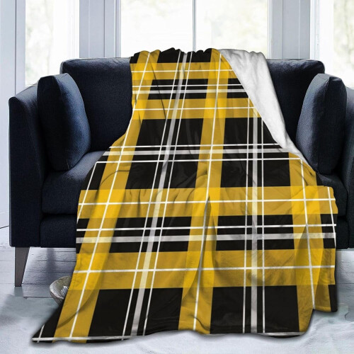Yellow Black Plaid Fleece Throw Blanket 80"x60"