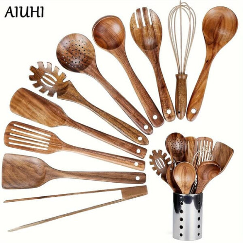 Wooden Kitchen Utensil Set with Holder 1 Pack 1