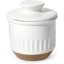 Ceramic butter crock embossed vintage white ochre 1 piece