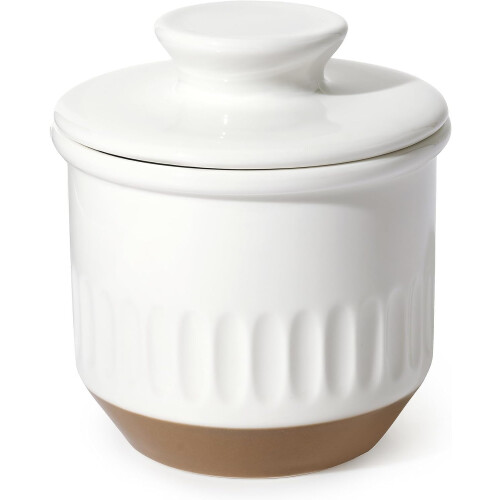 Ceramic butter crock embossed vintage white ochre 1 piece