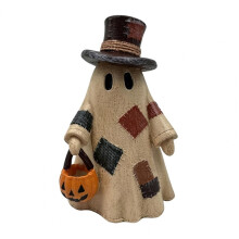 (A) Lighted Patchwork Ghost Figurine with Pumpkin Lantern Halloween Tabletop Lamp Ornament