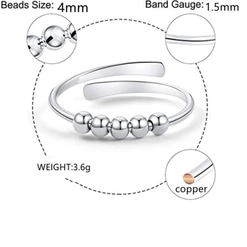 Antistressring silver justerbar med roterande pärlor 1
