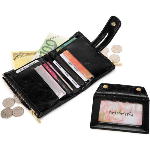 Women's blue leather RFID bifold wallet with wristlet chain 1