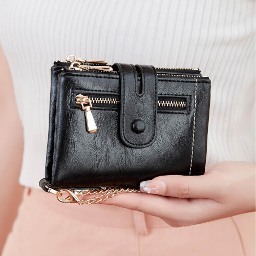Women's blue leather RFID bifold wallet with wristlet chain 2