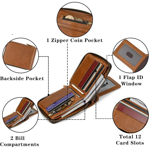 Genuine Leather Men's Zipper Wallet with RFID Blocking and 2