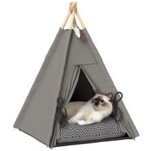 Tienda tipi para mascotas con cojín, casita para gatos y cama para perros, color gris.