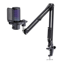 (Black) FEELWORLD VM1 USB Condenser Gaming Mic Streaming Noise Cancel Mute RGB Boom Arm Stand