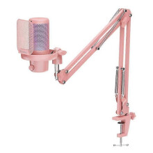 (Pink) FEELWORLD VM1 USB Condenser Gaming Mic Streaming Noise Cancel Mute RGB Boom Arm Stand