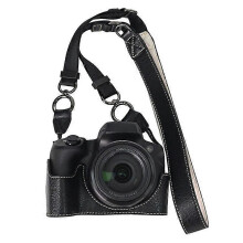 (Black) Étui de protection pour appareil photo Canon SX70 HS avec bandoulière, grande découpe, texture litchi, en PU