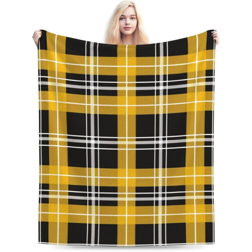 Yellow Black Plaid Fleece Throw Blanket 80"x60" 1
