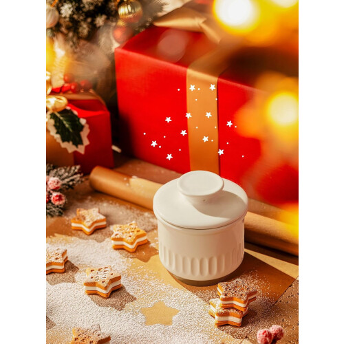 Ceramic butter crock embossed vintage white ochre 1 piece 1