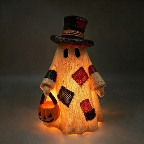 (A) Lighted Patchwork Ghost Figurine with Pumpkin Lantern Halloween Tabletop Lamp Ornament 1