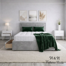 (6ft Super King(With Mattress), Blue) Luxury Divan Bed Upholstered Velvet Double Bed with Mattress 54” Headboard