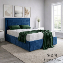 (4ft Small Double(No Mattress), Blue) Luxury Divan Bed Upholstered Velvet Double Bed with Mattress 54” Headboard