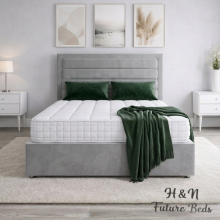 (5ft King(With Mattress), Blue) Luxury Divan Bed Upholstered Velvet Double Bed with Mattress 54” Headboard