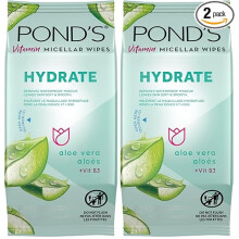 Pond's Vitamin Micellar Wipes For Dry Skin Hydrate Aloe Vera Removes Waterproof Makeup 25 Wipes (Pack of 2)