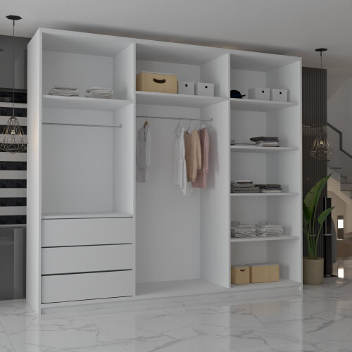 MN Furniture Modern Triple Mirrored Sliding Wardrobes White 250cm 1
