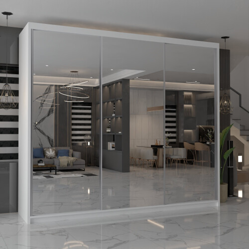 MN Furniture Modern Triple Mirrored Sliding Wardrobes White 250cm