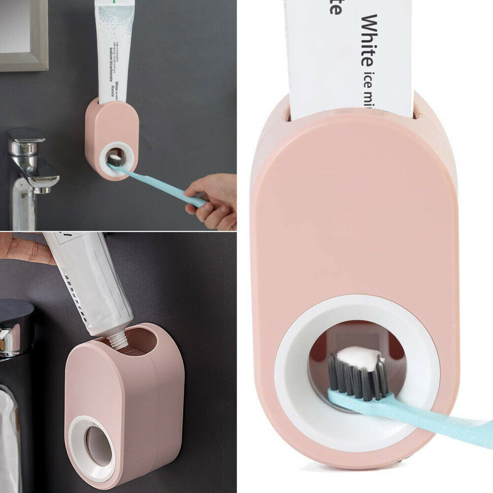 (Pink) Automatic Toothpaste Squeezer Dispenser with Dust-Proof Holder