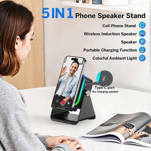 (White) 5-in-1 Multifunctional Wireless Speaker Ambient Light Sensor Folding Phone Stand Charger 1