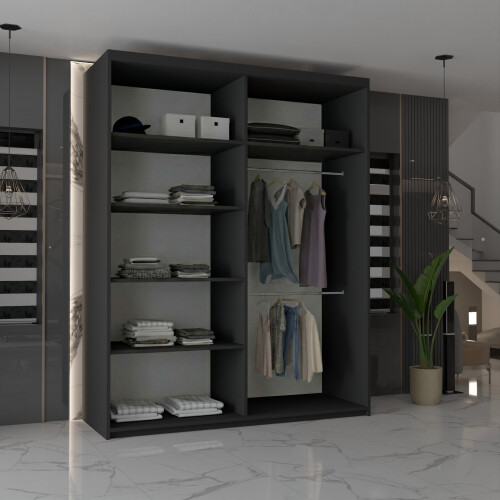 MN Furniture Modern Double Mirrored Sliding Wardrobes Black 150cm 1
