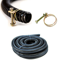 Pisces 10m Black Pond Hose with 2 Double Wire Clips (32mm Dia) Flexible Corrugated PVC Pipe Stainless Steel Ribbed Tubing Anti Kink for Water Butt
