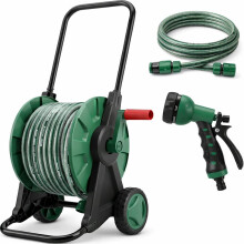 30M Garden Hose Reel Cart on Wheels Water Pipe Rewind Handle Trolley Spray Gun