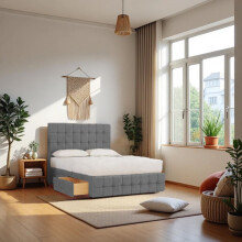 (Small Single, Grey) Munic Plush Bed Set With Mattress, 2 Drawers Same Side & 24"Headboard