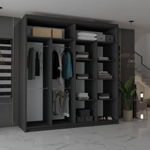 MN Furniture Modern Double Mirrored Sliding Wardrobes Black 203cm 1