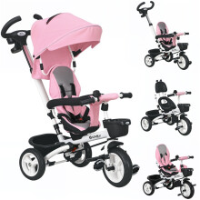 6-in-1 Kinderdreirad mit Schiebestange, Sonnendach, Korb, Rosa
