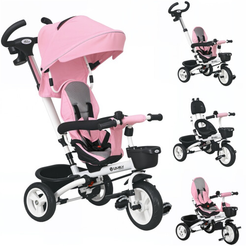 6-in-1 Kinderdreirad mit Schiebestange, Sonnendach, Korb, Rosa