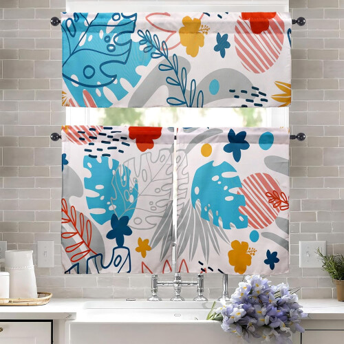 Boho Kitchen Curtains and Valance Set 3-Piece 36 Inch Rod