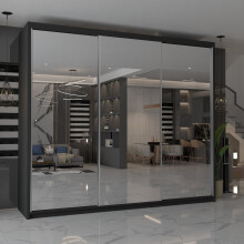 Modern Triple Mirrored Sliding Wardrobes Black 250cm
