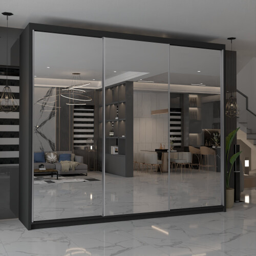 MN Furniture Modern Triple Mirrored Sliding Wardrobes Black 250cm