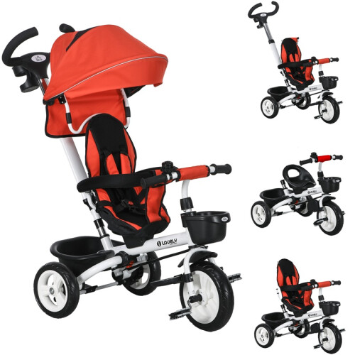 6-in-1 Kinderdreirad mit Schiebestange, Verdeck, Korb, Rot