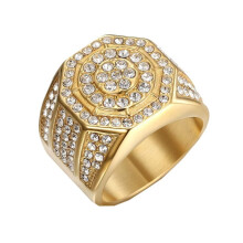 Men's Stainless Steel Octagonal CZ Ring Hip Hop Style Gold