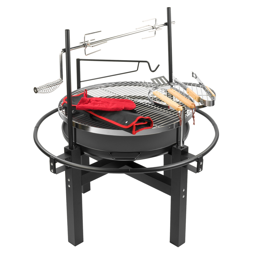Kct Bbq With Tool Set Kit Barbecue Grill Charcoal Barbeque Fire Pit Manual Rotiserrie Spit Roast Outdoor Garden Large Cooking Bowl Stainless Steel