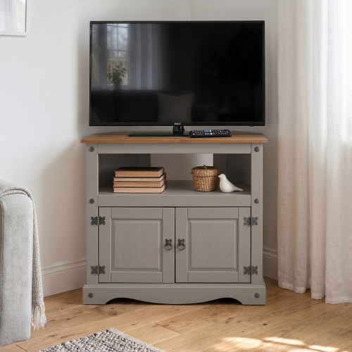 Corona Grey Wax Corner TV Unit Solid Wood Pine Living Room Furniture