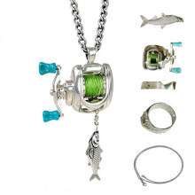 (Fishing reel (ring)) Rotatable Mini Fishing Reel Pendant Necklace Set 3-Piece Cool Lure Fishing Jewelry Kit Unique Rotating Reel Charm Accessories