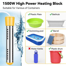 2X Immersion Water Heater, 1500W Electric Submersible Water Heater with Timer, Stainless Steel Guard Cover EU Plug