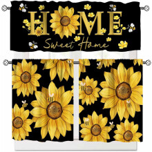 Sunflower Kitchen Curtains Vintage Yellow Floral Bee 3-Pc