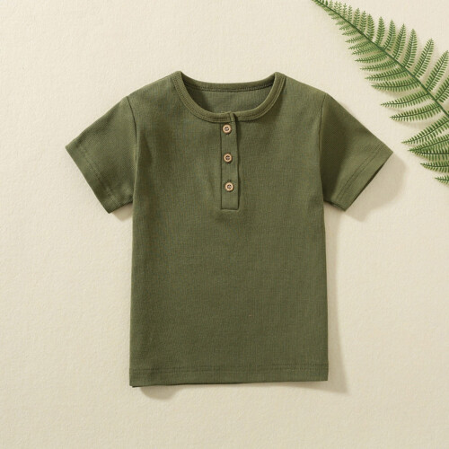 Henley Shirt Solid Color Short Sleeve Casual Tee Olive