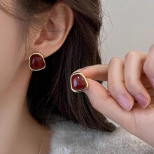 Vintage enamel wine red square stud earrings for women