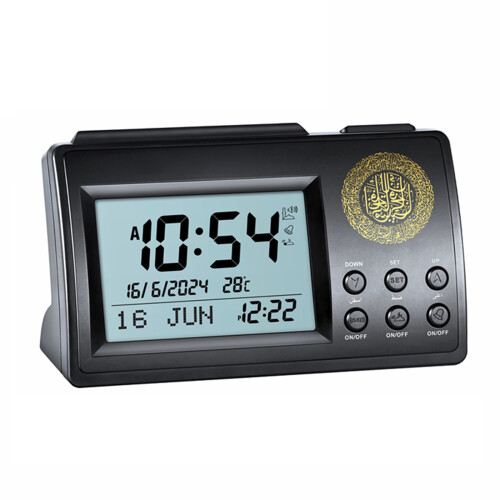 Moderner Azan-Gebetswecker mit LCD-Display. Azan-Zeituhr für