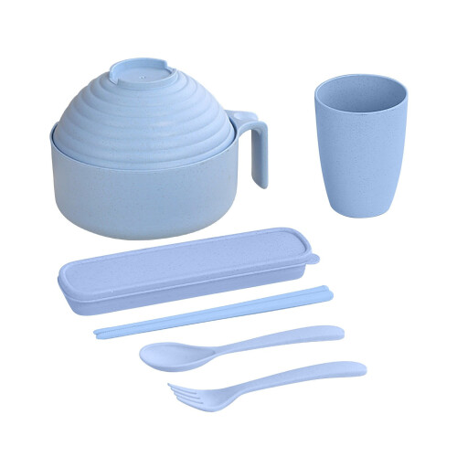 Ramen Bowl Set with Utensils and Lid 33 oz Blue